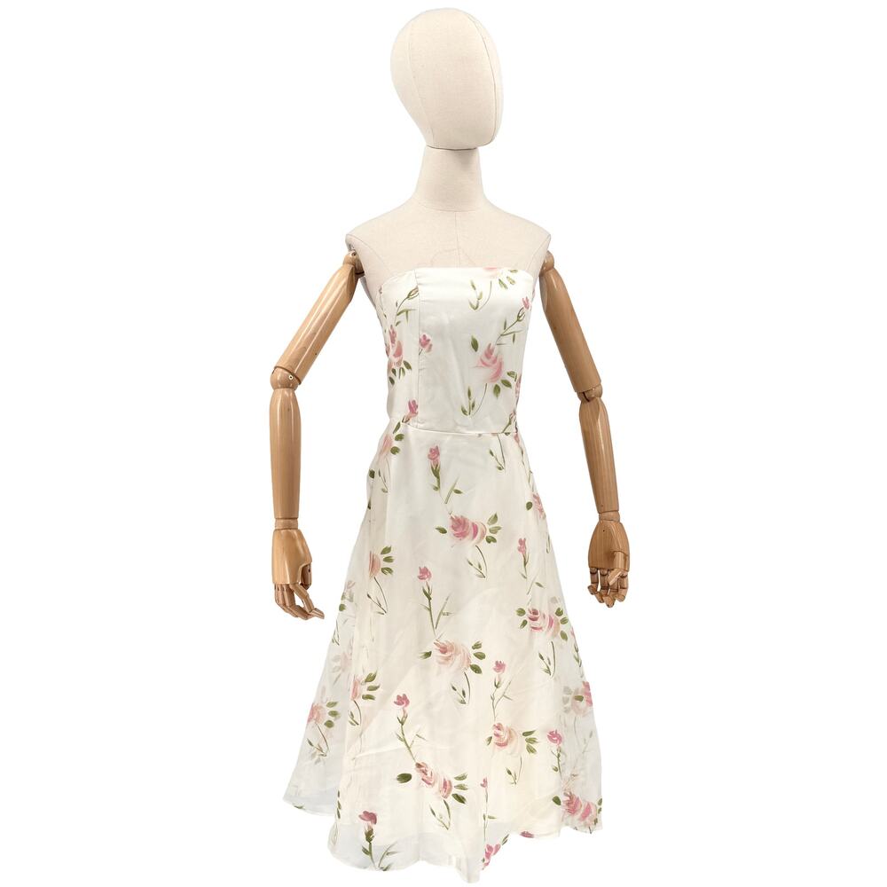 Vintage 90s Helena White 100% Silk Garden Party Handpainted Strapless Dress